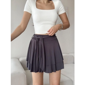 Çift Kat Kemer Detay Şort Etek - FÜME