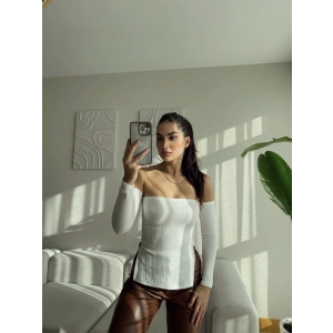 Çift Yırtmaç Madonna Bluz - BEYAZ