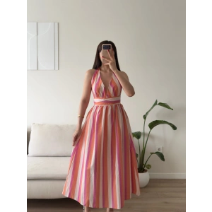 Çizgili Boyun Bağlamalı Maxi Elbise