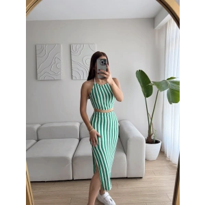 Çizgili Crop & Yırtmaçlı Etek Takım - YEŞİL