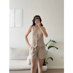 Çizgili Double Şortlu Takım - BEJ