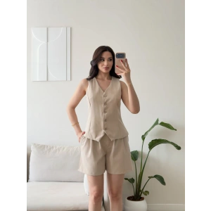 Çizgili Double Şortlu Takım - BEJ