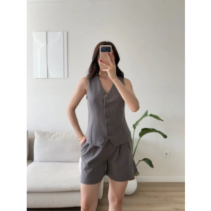 Çizgili Double Şortlu Takım - GRİ
