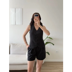 Çizgili Double Şortlu Takım - SİYAH