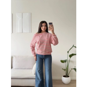 Çizgili Kayık Yaka Bluz - KIRMIZI