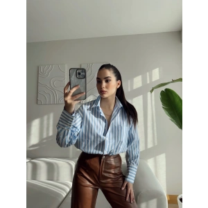 Çizgili Oversize Gömlek - MAVİ