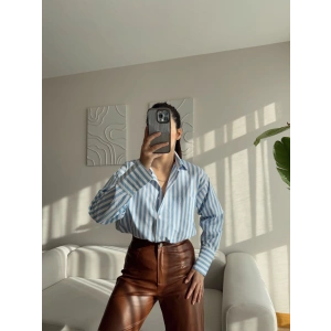 Çizgili Oversize Gömlek - MAVİ
