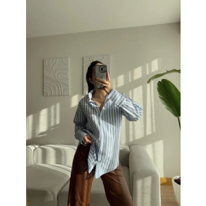 Çizgili Oversize Gömlek - MAVİ