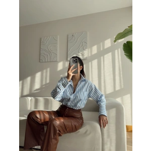 Çizgili Oversize Gömlek - MAVİ