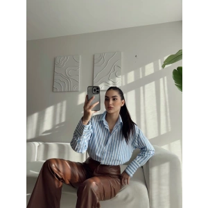 Çizgili Oversize Gömlek - MAVİ