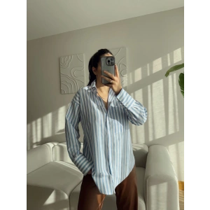 Çizgili Oversize Gömlek - MAVİ