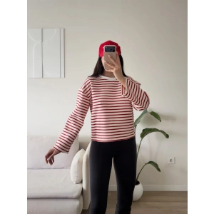 Çizgili Oversize Sweat - KIRMIZI