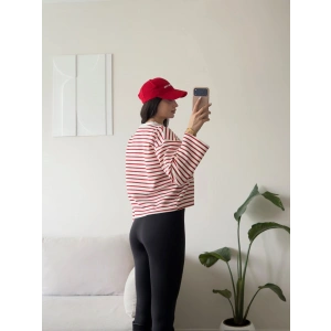 Çizgili Oversize Sweat - KIRMIZI
