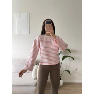 Çizgili Oversize Sweat - PEMBE