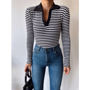 Çizgili Polo Yaka Kaşkorse Crop Bluz-SİYAH