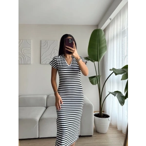Çizgili Polo Yaka Salaş Elbise