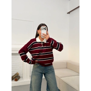 Çizgili Polo Yaka Triko - BORDO