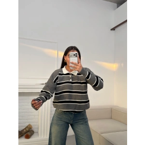 Çizgili Polo Yaka Triko - GRİ