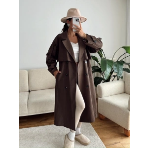 Çizgili Premium Oversize Trençkot - KAHVE