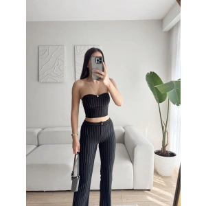 Çizgili Straplez Crop & Pantolon Takım - SİYAH