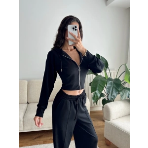 Crop Hırka & Çimalı Pantolon Takım - SİYAH