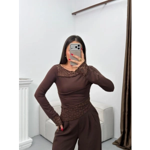 Dantel Detay Asimetrik Bluz - KAHVE