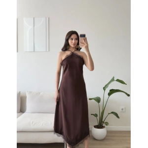 Dantel Detay Saten Elbise - KAHVE