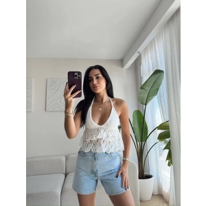 Dantel İşlemeli Boyun Bağlamalı Bluz - BEYAZ