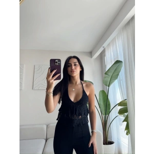 Dantel İşlemeli Boyun Bağlamalı Bluz - SİYAH