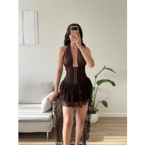 Dantel Korse Kuyruklu Elbise - KAHVE
