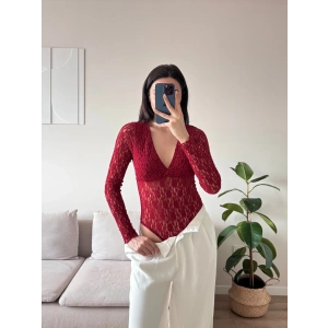 Dantel V Yaka Bodysuit - BORDO