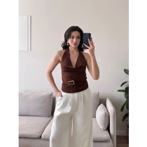 Degaje Yaka Aksesuar Crop - KAHVE