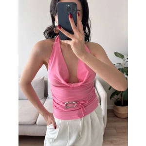 Degaje Yaka Aksesuar Crop - PEMBE