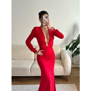 Derin Dekolte Aksesuar Elbise - KIRMIZI