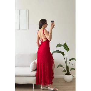 Derin Yırtmaç Dantelli Elbise - KIRMIZI