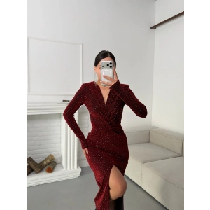 Derin Yırtmaçlı Kruvaze Elbise - BORDO