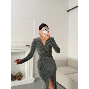 Derin Yırtmaçlı Kruvaze Elbise - GRİ