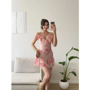 Desenli Fırfırlı Mini Tül Elbise