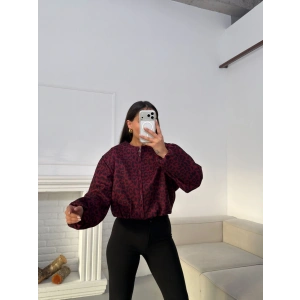 Desenli Oversize Crop Ceket - BORDO