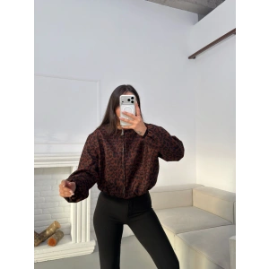 Desenli Oversize Crop Ceket - KAHVE