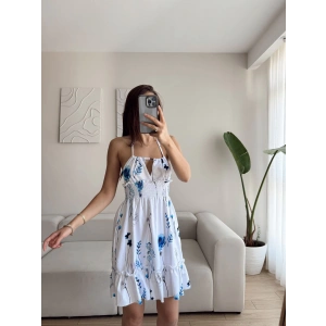 Dijital Baskı Boyun Askılı Elbise - MAVİ