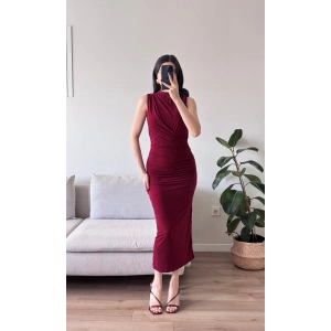 Dik Yaka Drapeli Elbise - BORDO