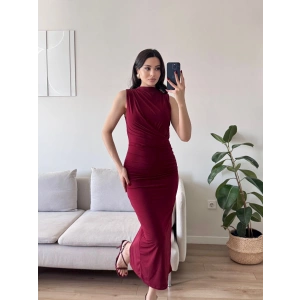 Dik Yaka Drapeli Elbise - BORDO
