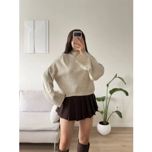 Dik Yaka Oversize Triko Kazak - BEJ