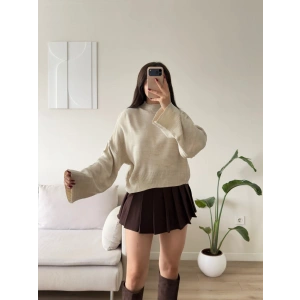 Dik Yaka Oversize Triko Kazak - BEJ
