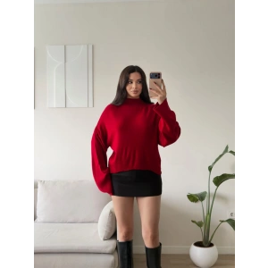 Dik Yaka Oversize Triko Kazak - KIRMIZI