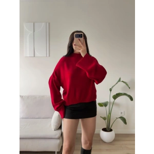Dik Yaka Oversize Triko Kazak - KIRMIZI