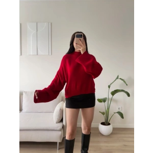 Dik Yaka Oversize Triko Kazak - KIRMIZI