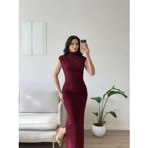 Drapeli Simli Long Elbise - BORDO