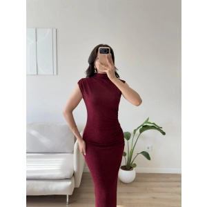 Drapeli Simli Long Elbise - BORDO